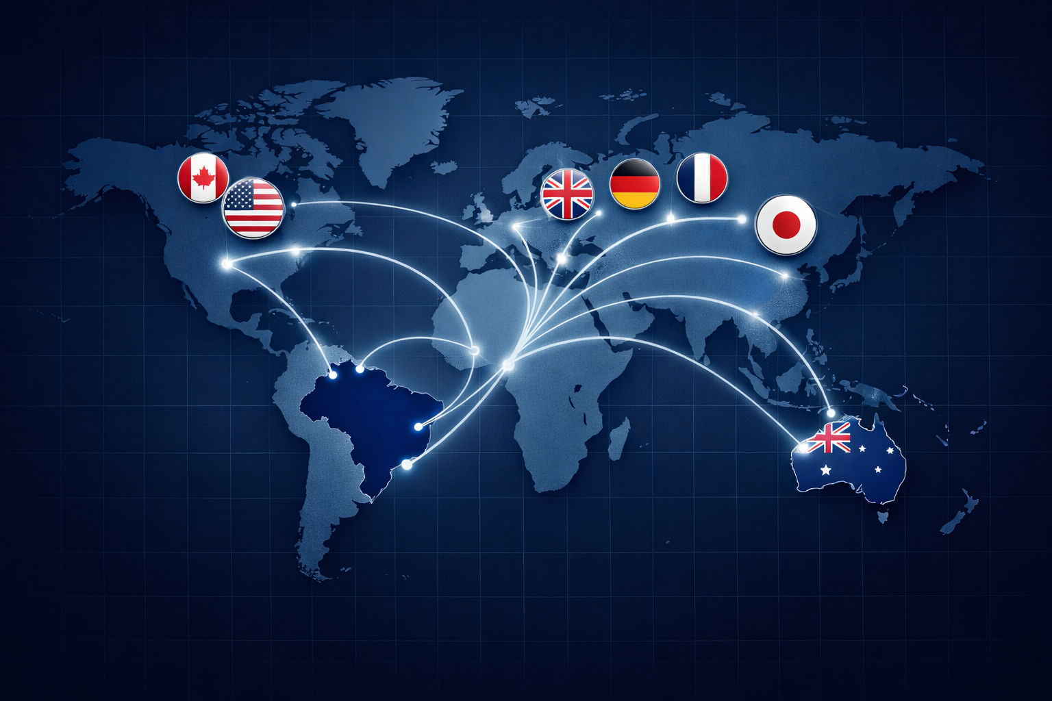 Mapa mundial com conexões para brasileiros no exterior
